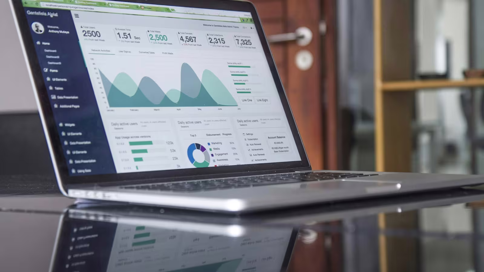 Écran de laptop affichant un tableau de bord avec un graphique de tendance et des indicateurs chiffrés, posé sur une table (photo Carlos Muza / Unsplash)