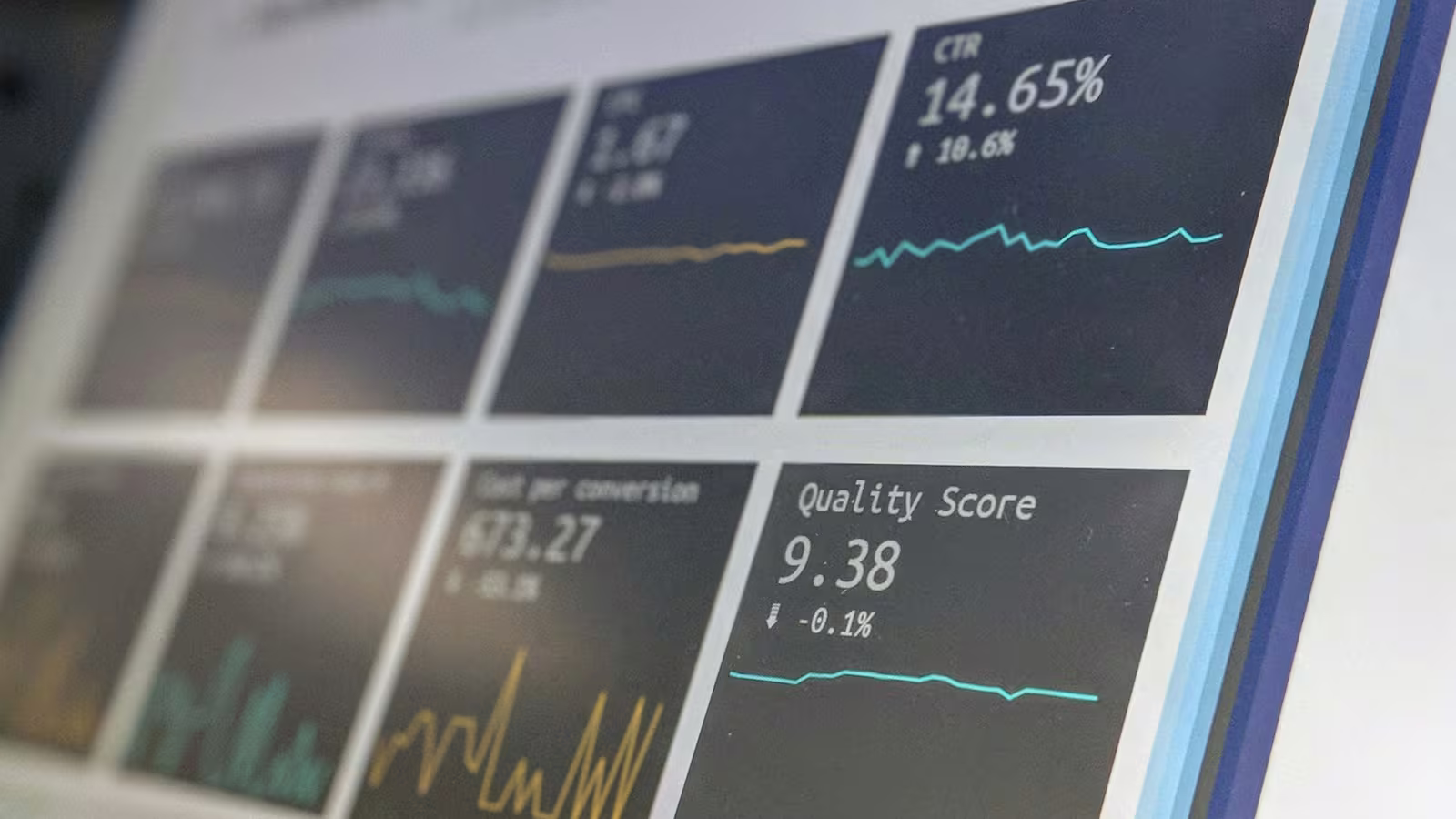 Tableau de bord affichant une grille de mini-graphiques de performance (CTR, Quality Score) sur un écran, vu en gros plan (photo Stephen Dawson / Unsplash)